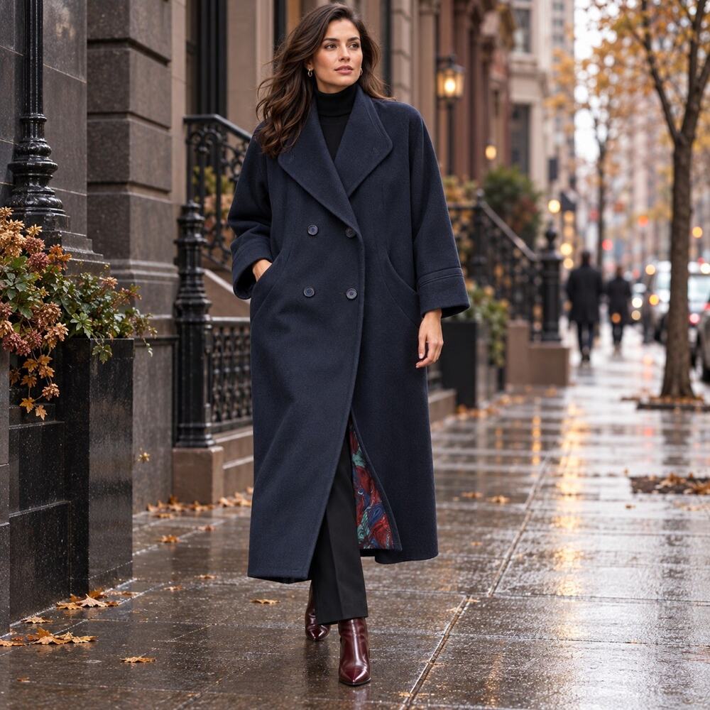 Alorna Women’s L Blue Long Double Breasted Lined Overcoat Button Front Boxy